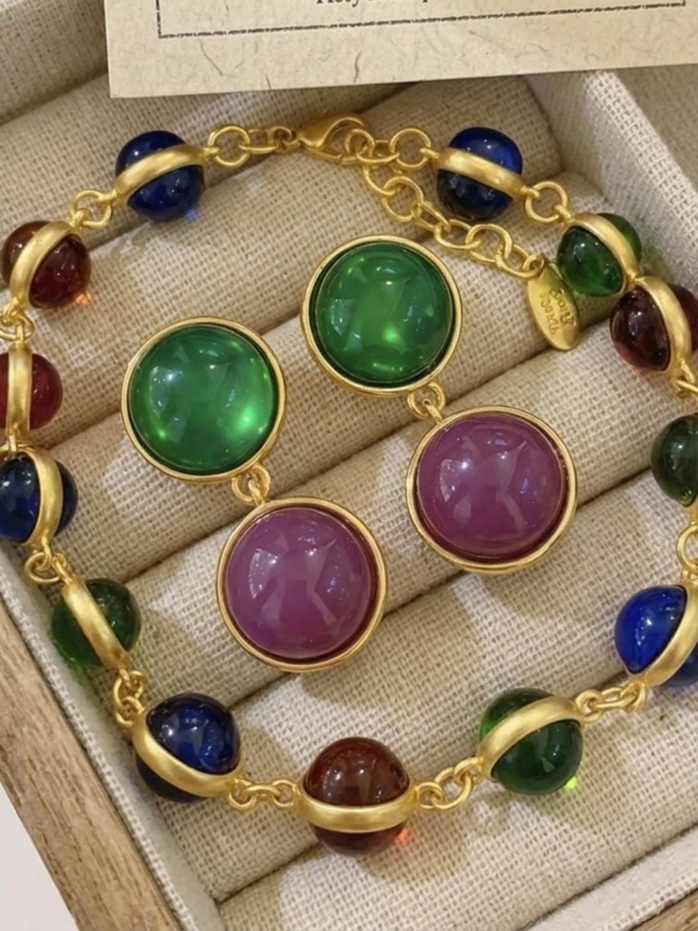 Gold-Tone Necklace with Multi-Color Glass Beads - Green, Blue, Red